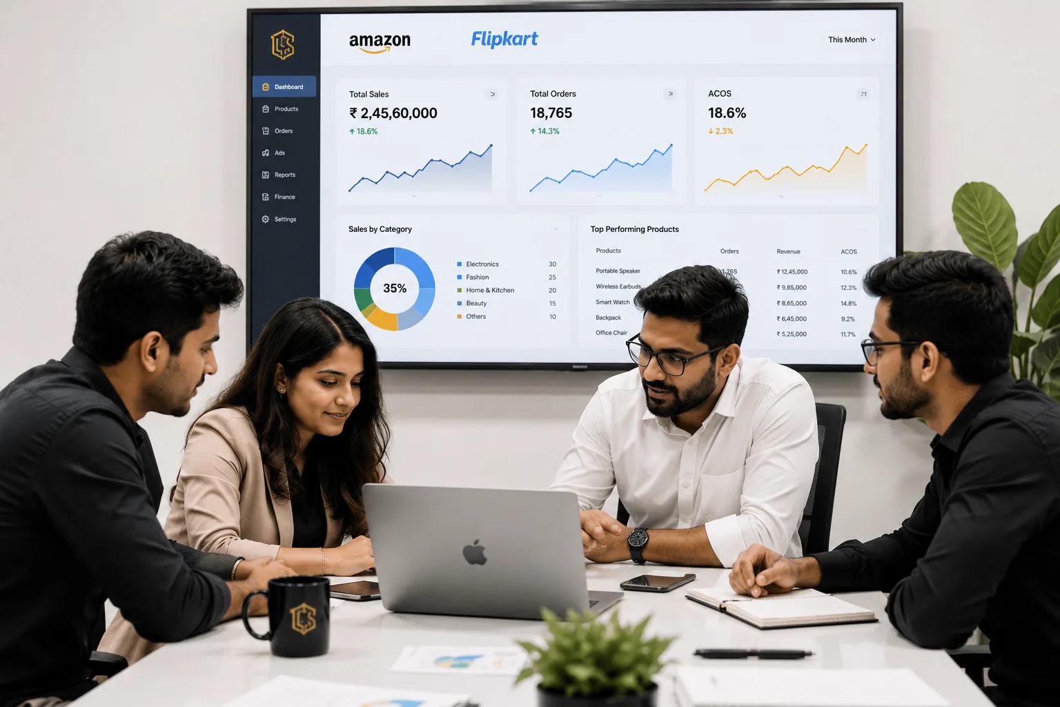 The Custom Solution team reviewing marketplace growth dashboard