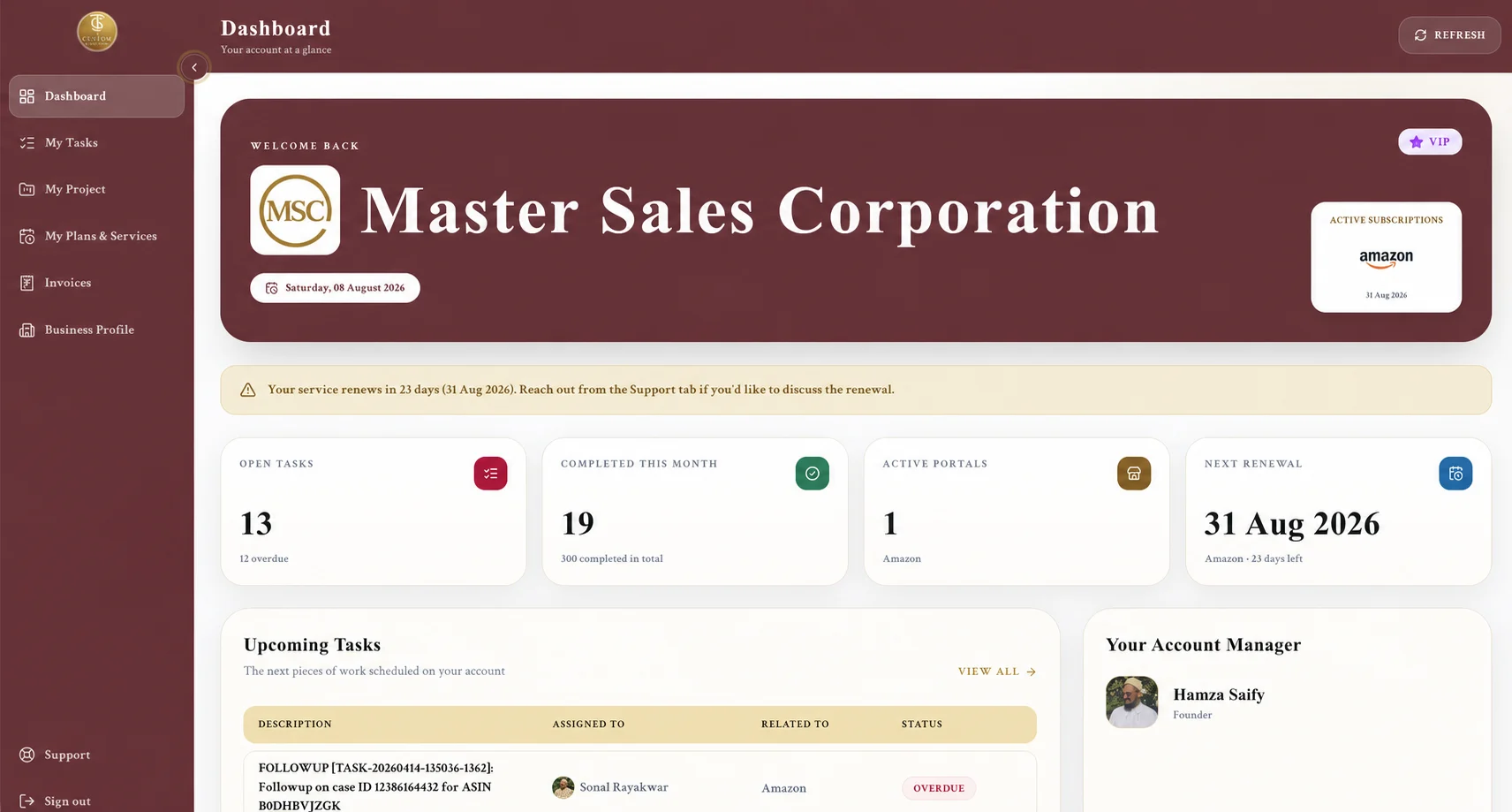 TCS Client Portal dashboard showing tasks, projects, subscriptions and renewals