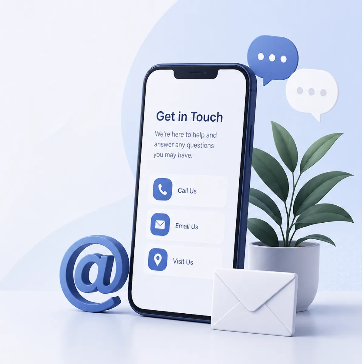 Get in touch contact illustration with phone, message, email, location, and plant