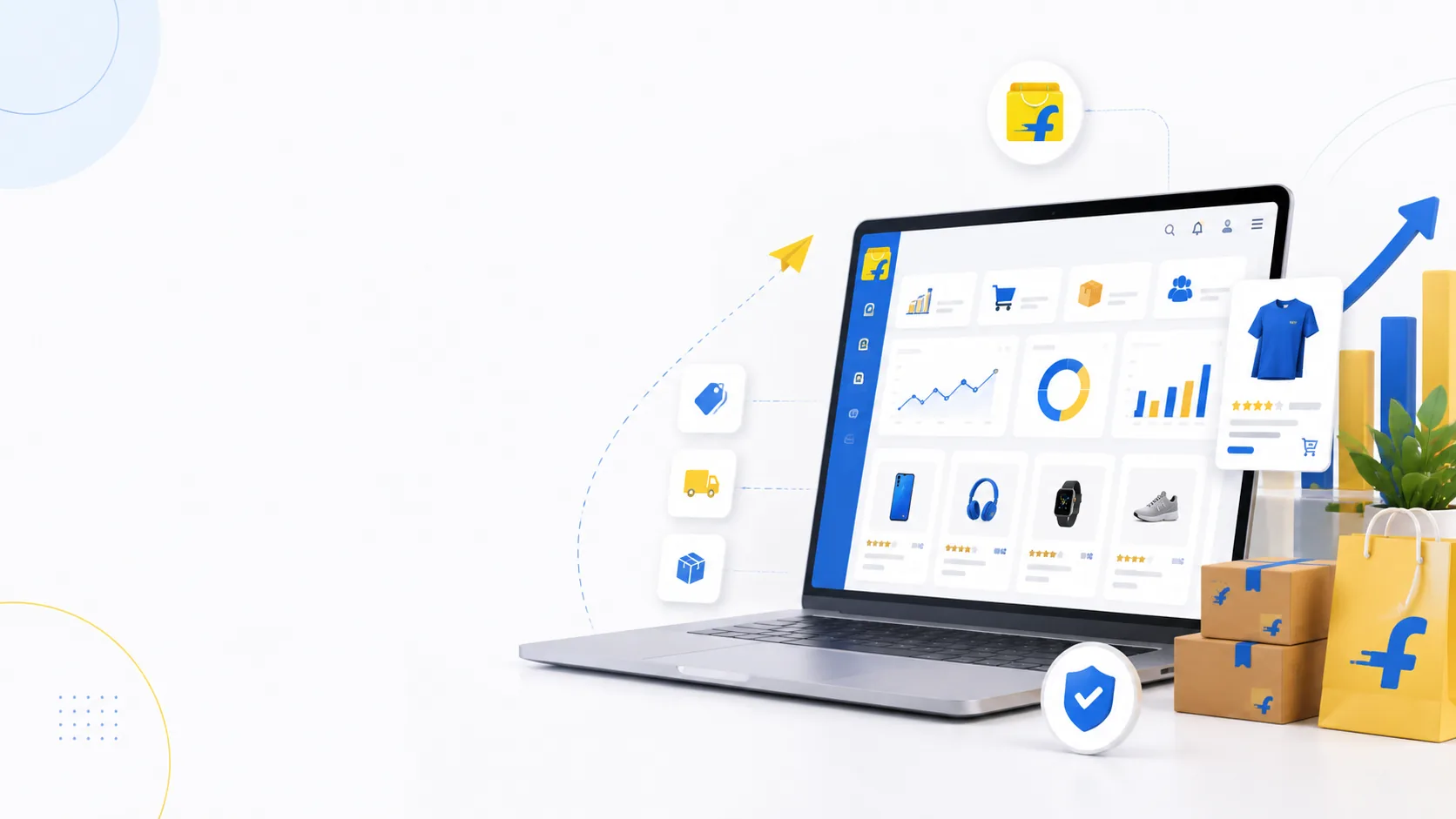 Flipkart seller account management dashboard with marketplace growth graphics